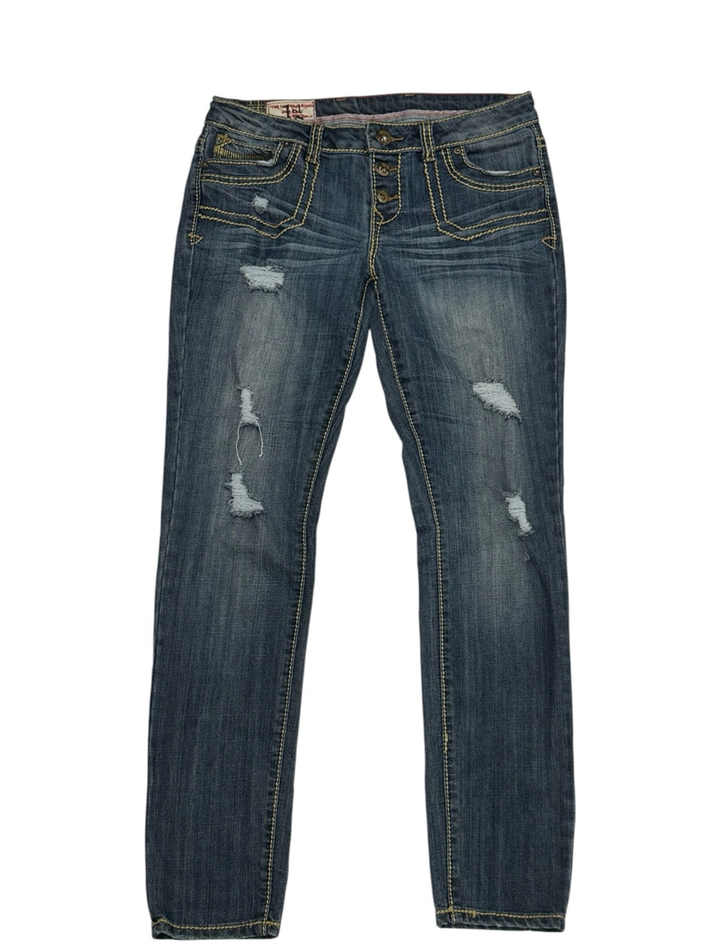 1st Kiss Blue Distressed Skinny Shredded Low Rise Denim Blue Jeans 32" x 31"